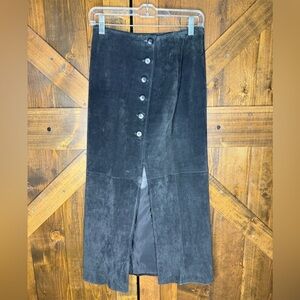 Vintage Black Suede Leather Skirt Front Slit Lined Button on Front Size 5/6
